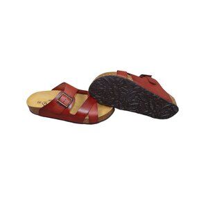 Plakton Women's Red Leather Cork Sole Sandals With Adjustable Strap - Size 7